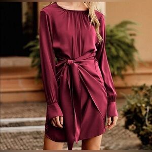 PRETTYGARDEN Winter Wine Satin Dress Long Sleeve Tie Waist Cocktail Mini Size L